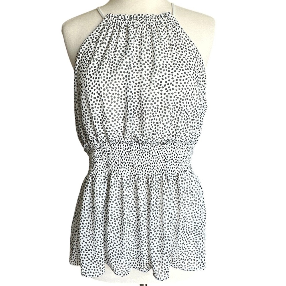 Express Black Polka Dot Halter Top XL White Smocked Waist Sleeveless Euro Summer